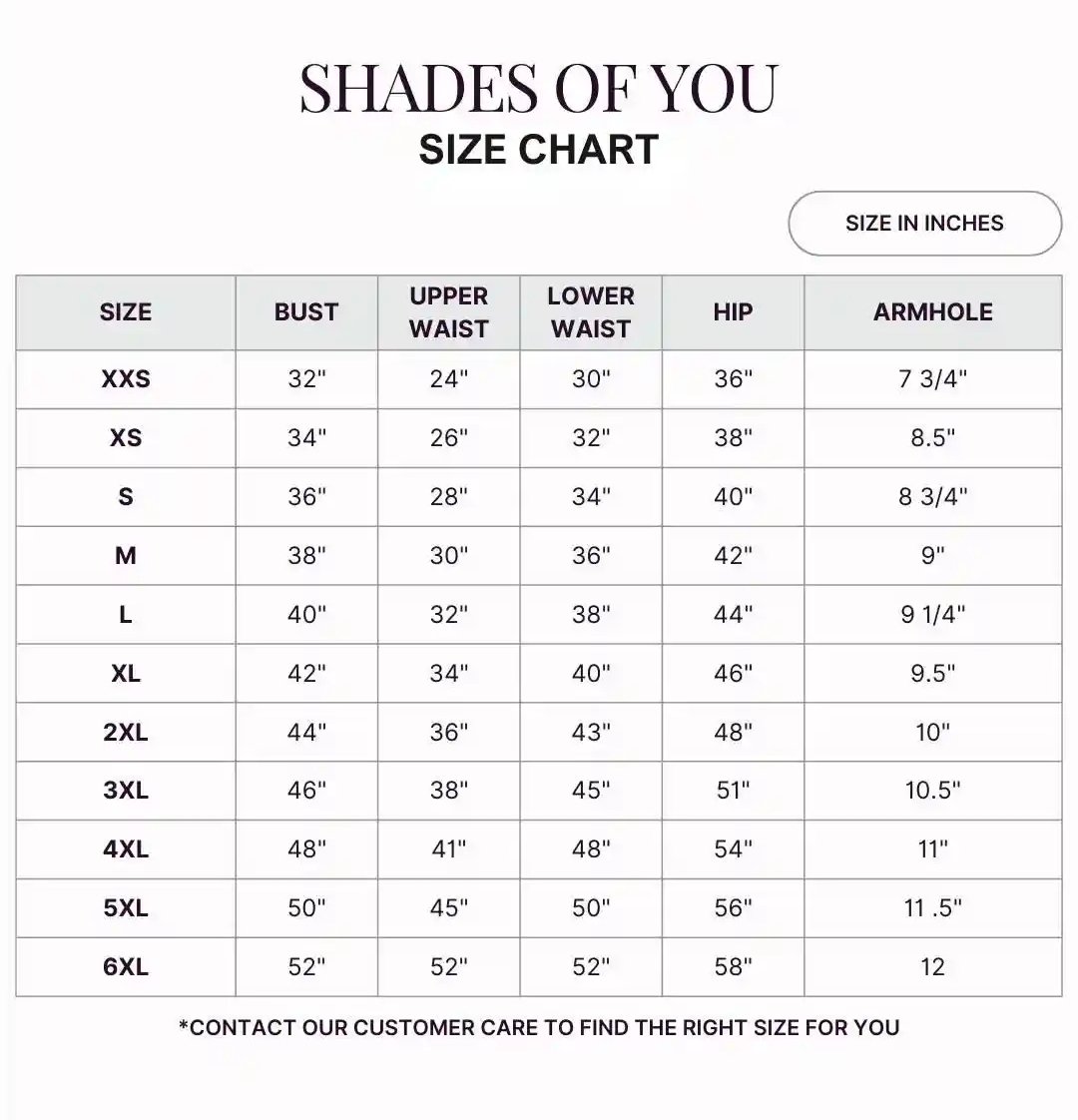 Shynova Size Chart