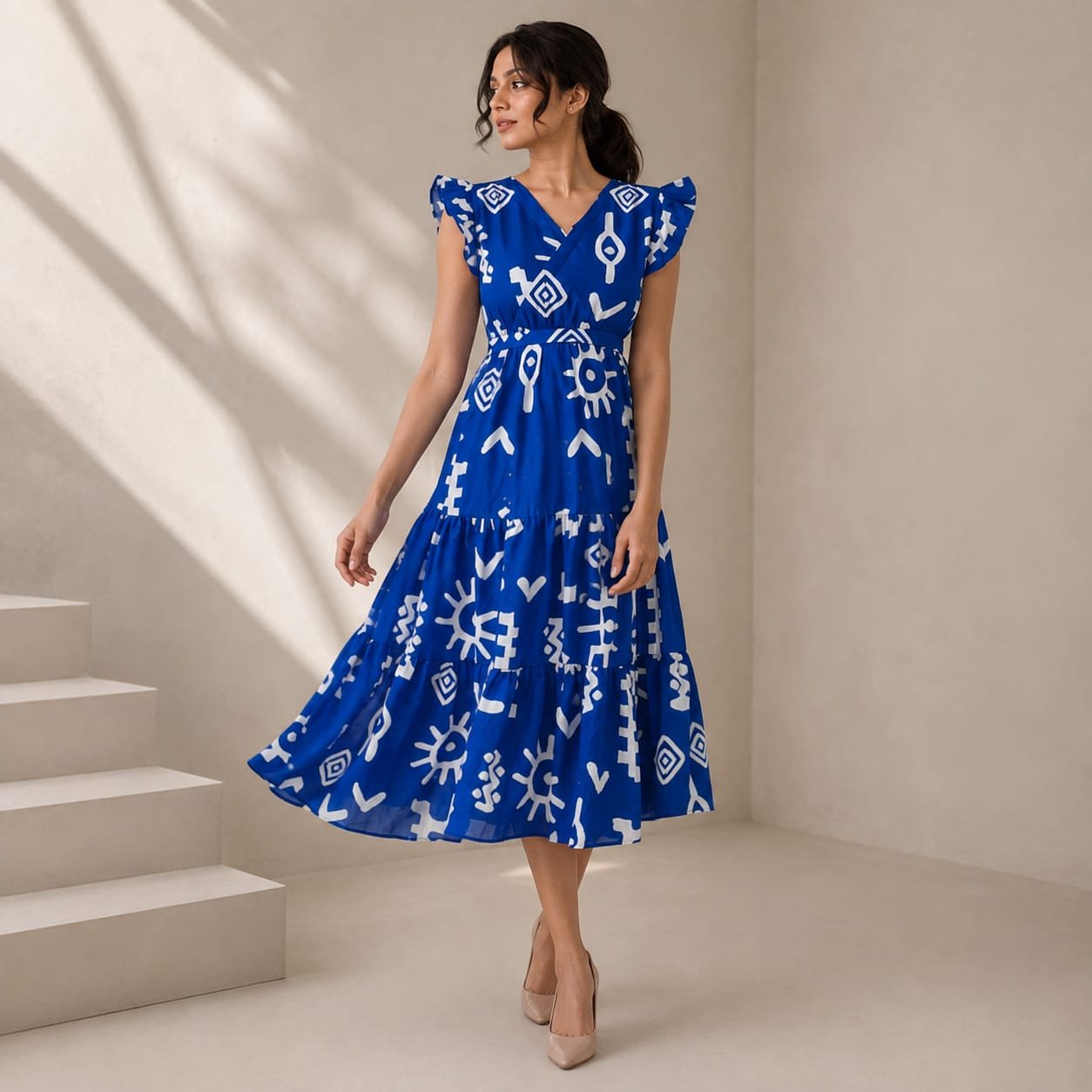 V Neck Flutter Midi Dress