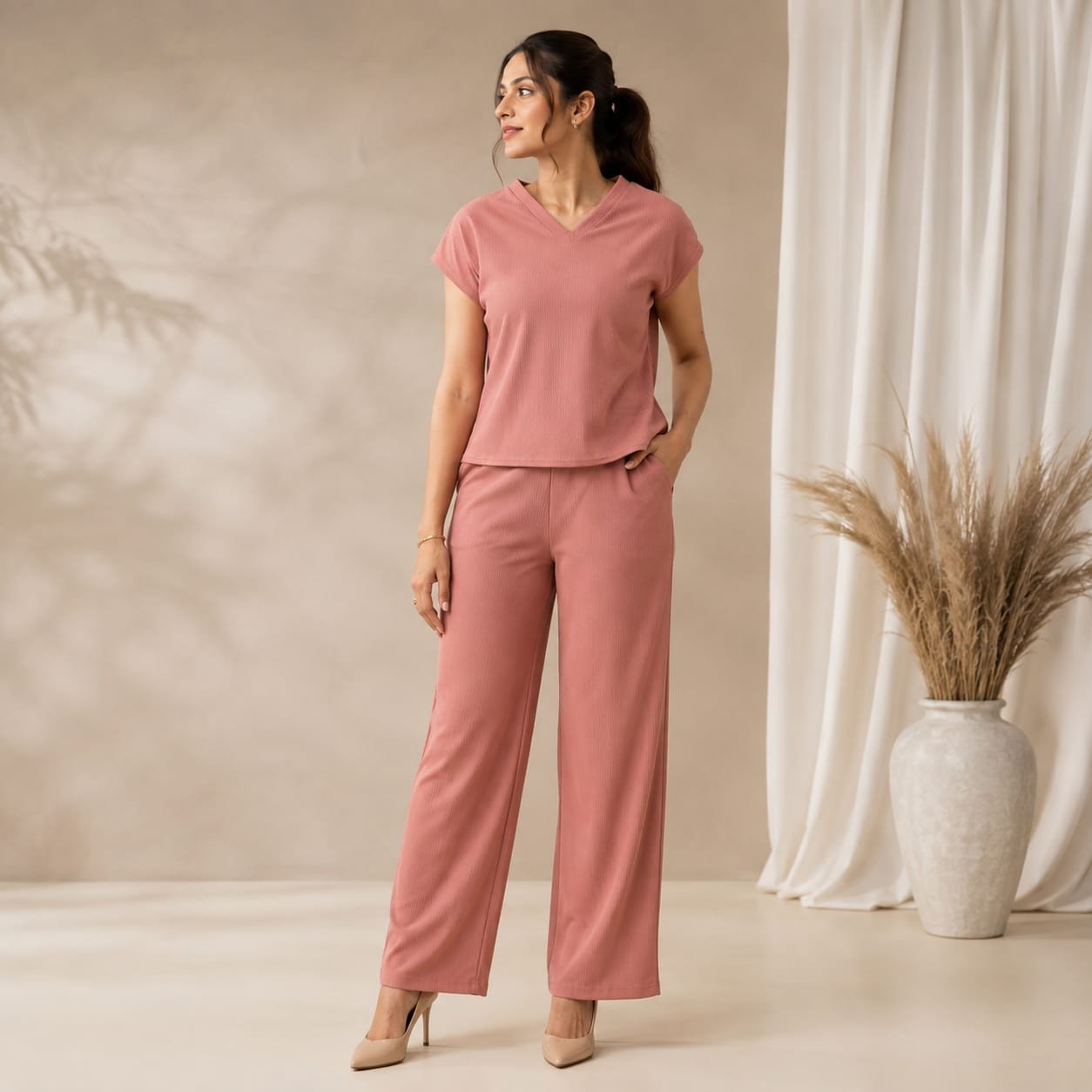 [S] V Neck Ribbed Co Ord