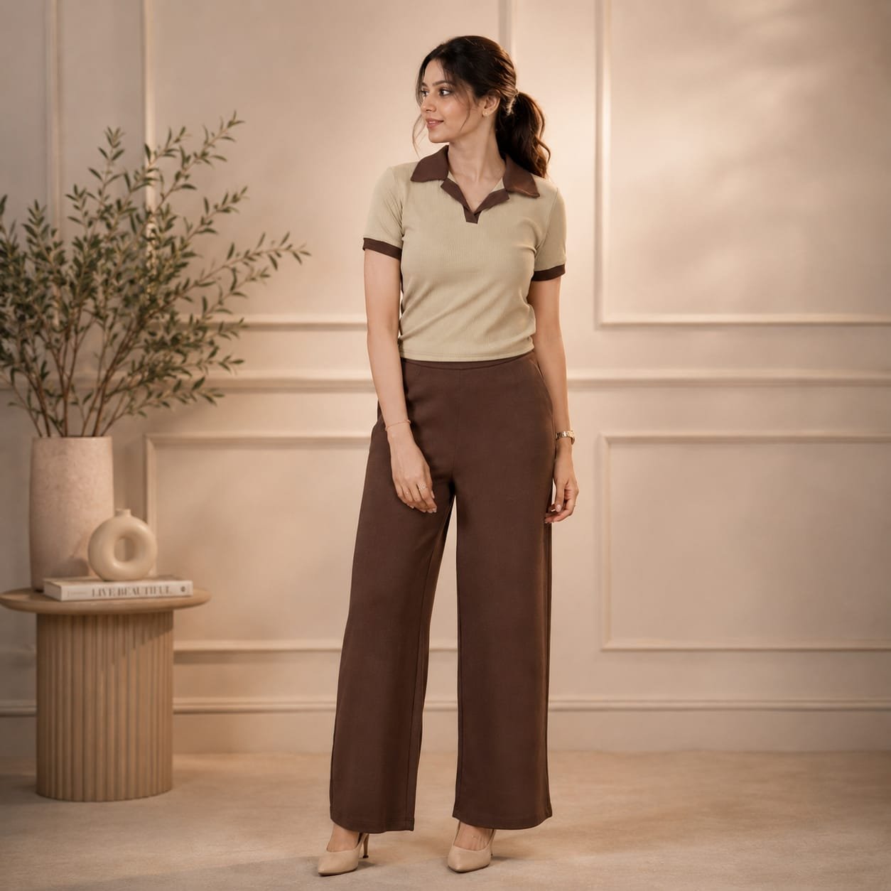 [S] Mocha Polo Wide Leg Co Ord