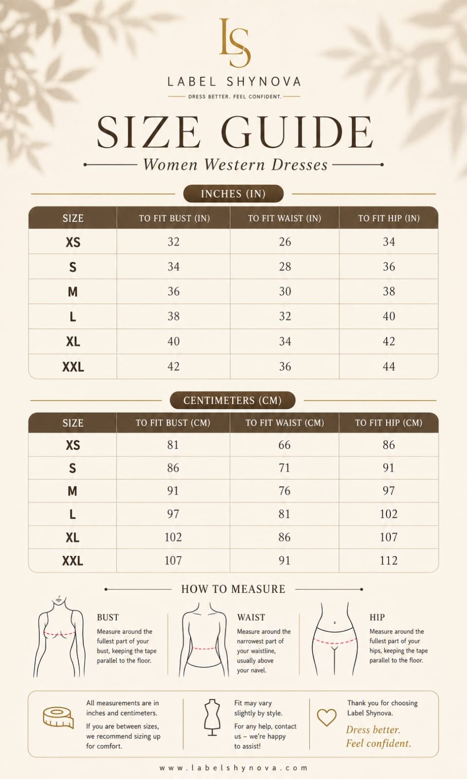 Shynova Size Chart