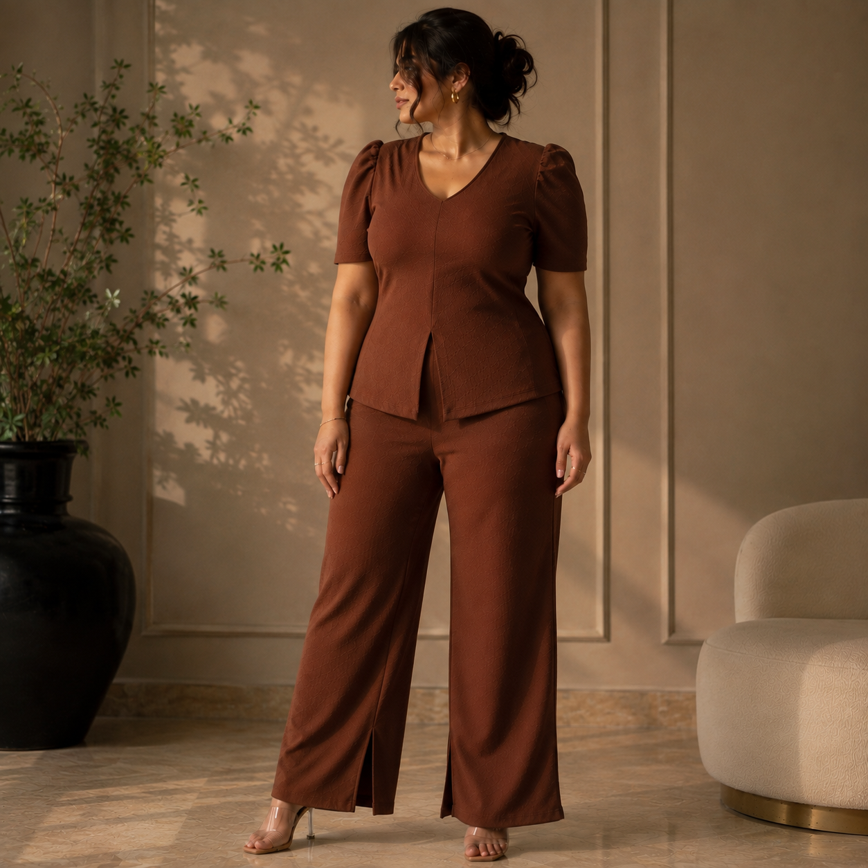 [XL] Puff Sleeve Slit Co Ord