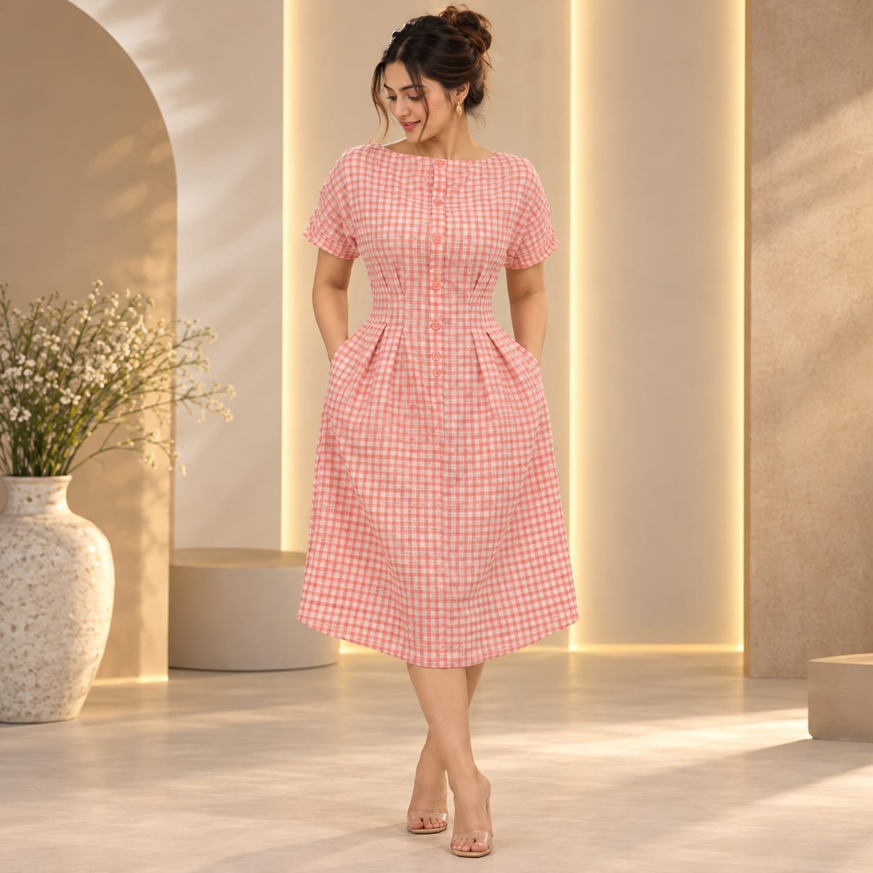 [M] Pink Check Midi Dress