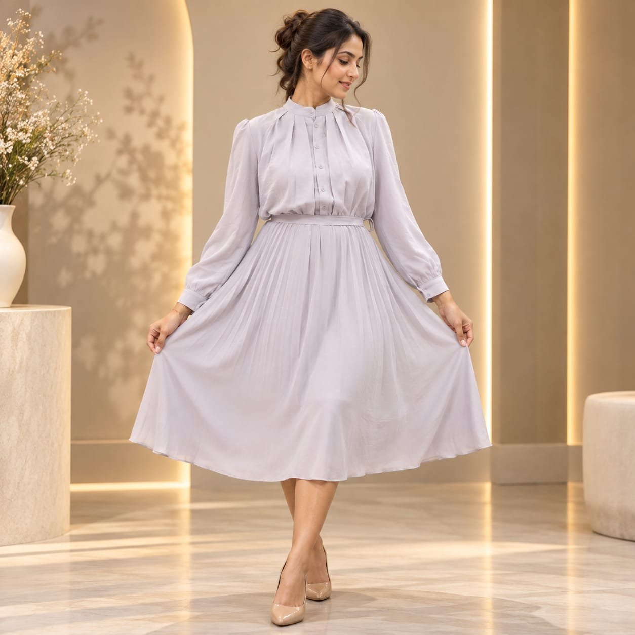 [M] Pleated Collar Midi Dress