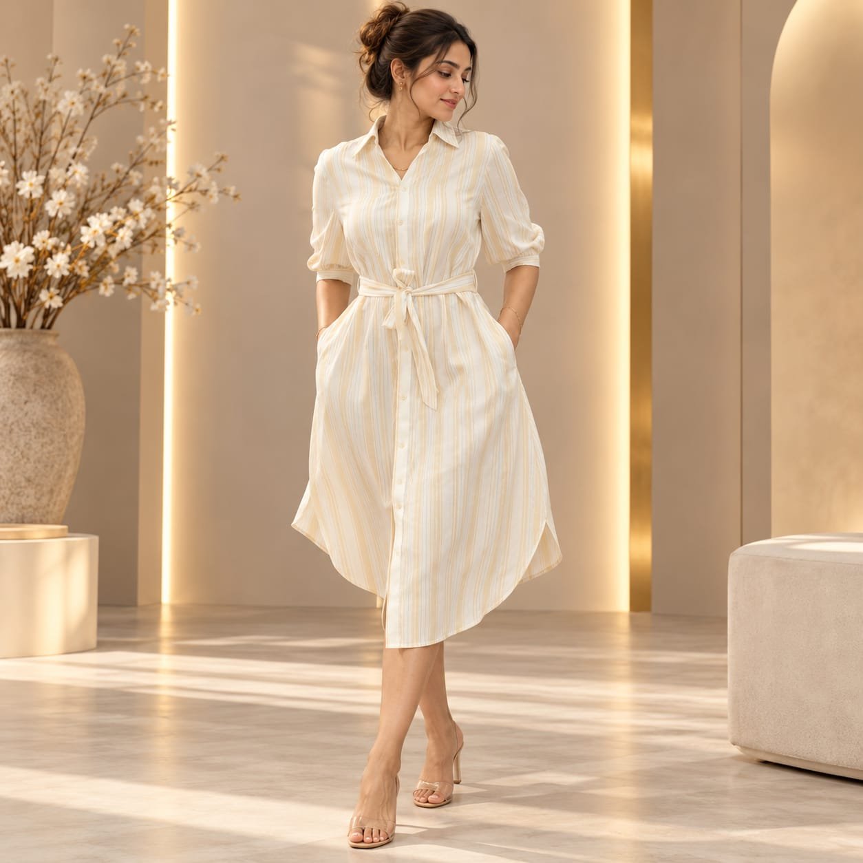 [M] Striped Belted Shirt Dress