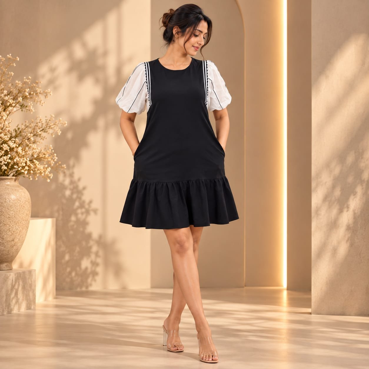 [M] Piped Puff Sleeve Dress