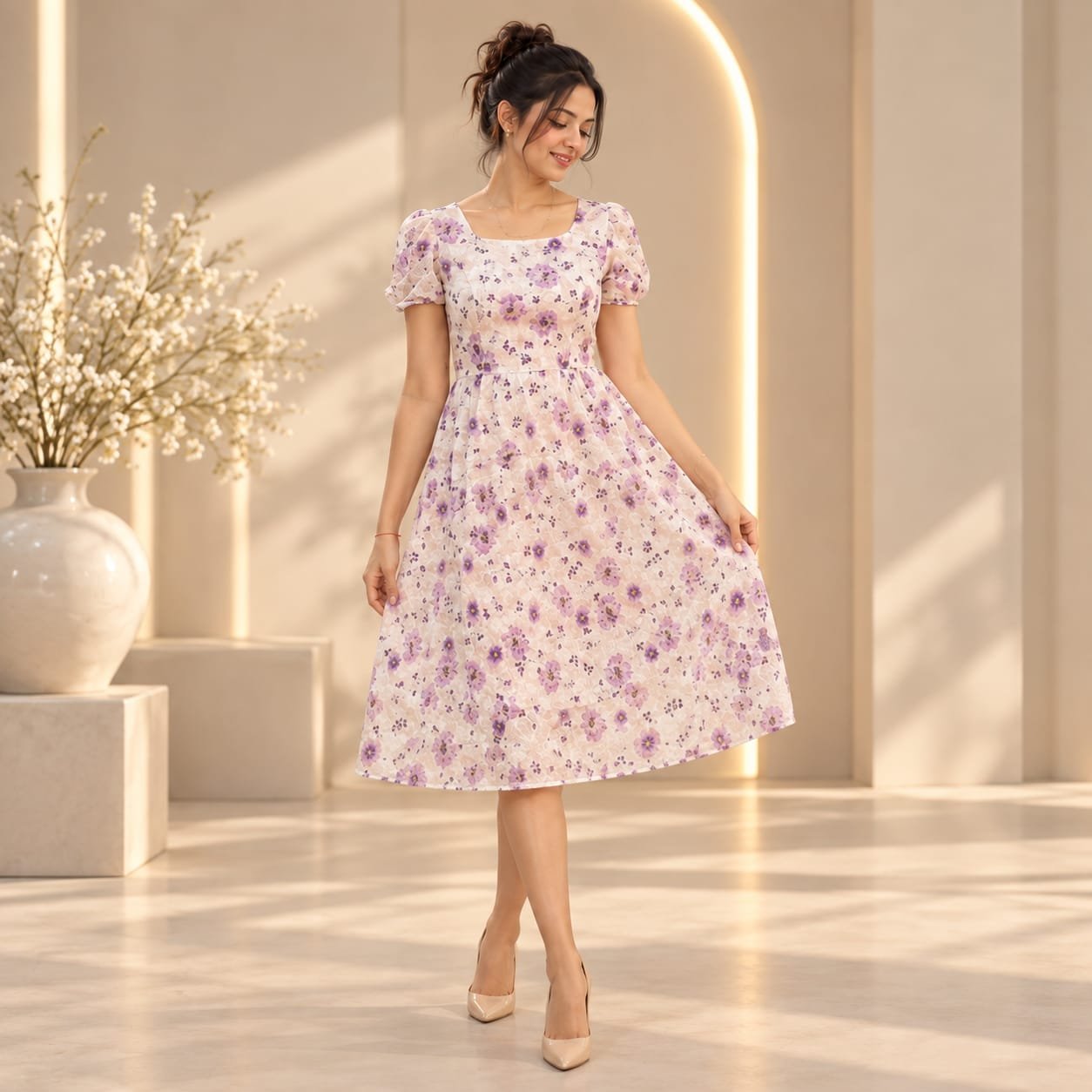 [S] Lilac Floral Puff Sleeve Dress