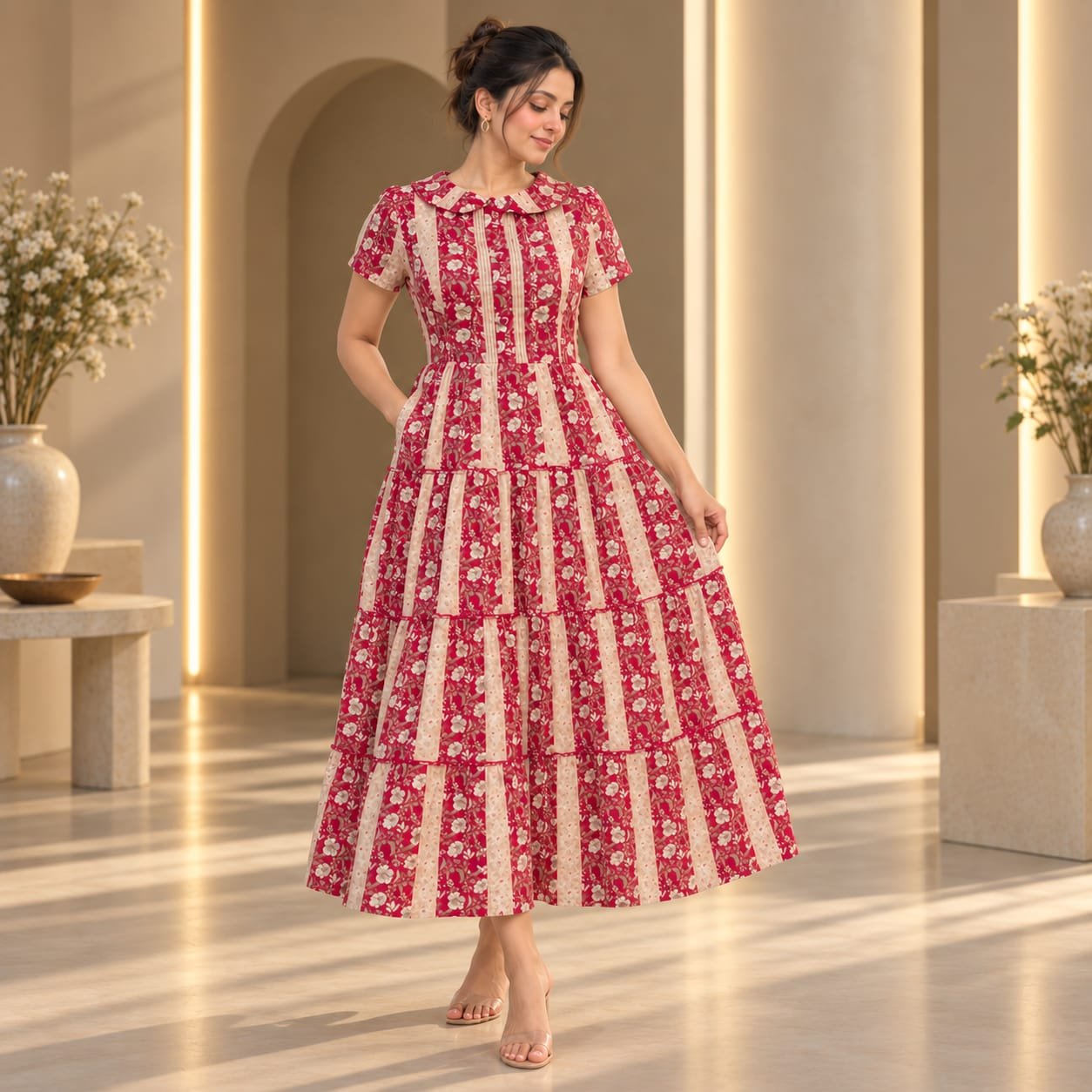 [M] Floral Stripe Tiered Dress